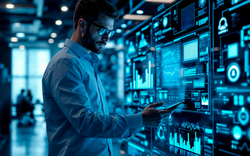 Abstract cloud and digital network background representing SAP and cloud services